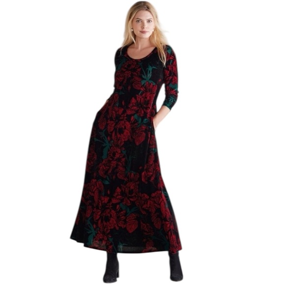Soft Surroundings Santiago Stretch Velvet Maxi Dress Large L Red Floral Holidays - Picture 1 of 9